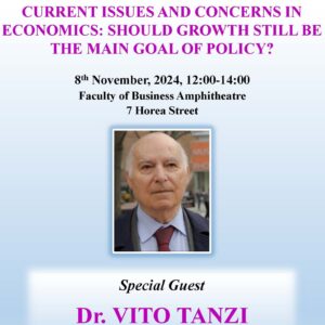 Prof. dr. Vito Tanzi, președintele onorific al Institutului Internațional de Finanțe Publice, prezent la conferința „Current issues and concerns in economics: Should growth will be the main goal of policy?” a Facultății de Business a UBB